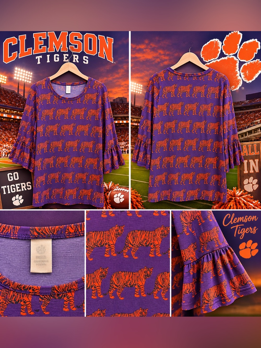 Clemson Tigers Purple Orange Tiger Print Ruffle Sleeve Tunic Top Size 3XL